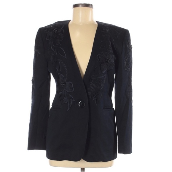 Escada By Margaretha Ley- Vintage Black Floral Embroidered Blazer - Picture 1 of 10